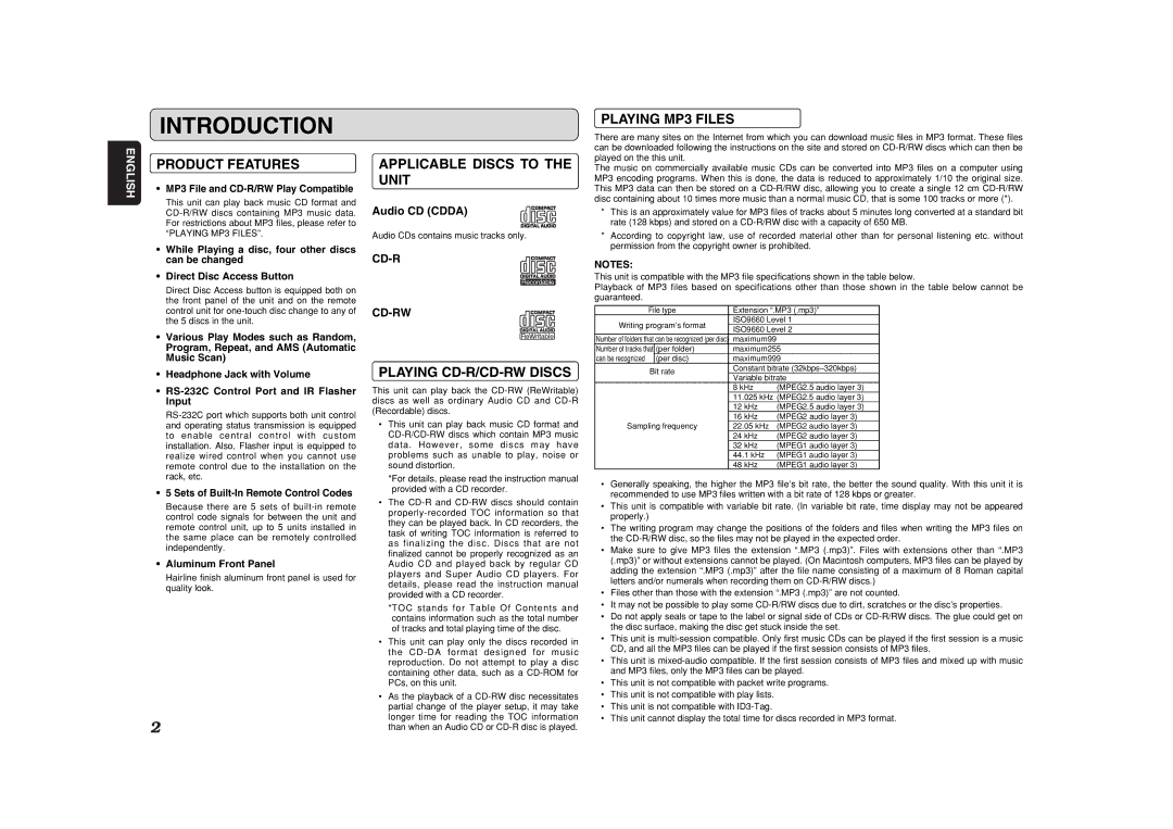 Marantz CC4001 Introduction, Product Features, Applicable Discs to the Unit, Playing CD-R/CD-RW Discs, Playing MP3 Files 