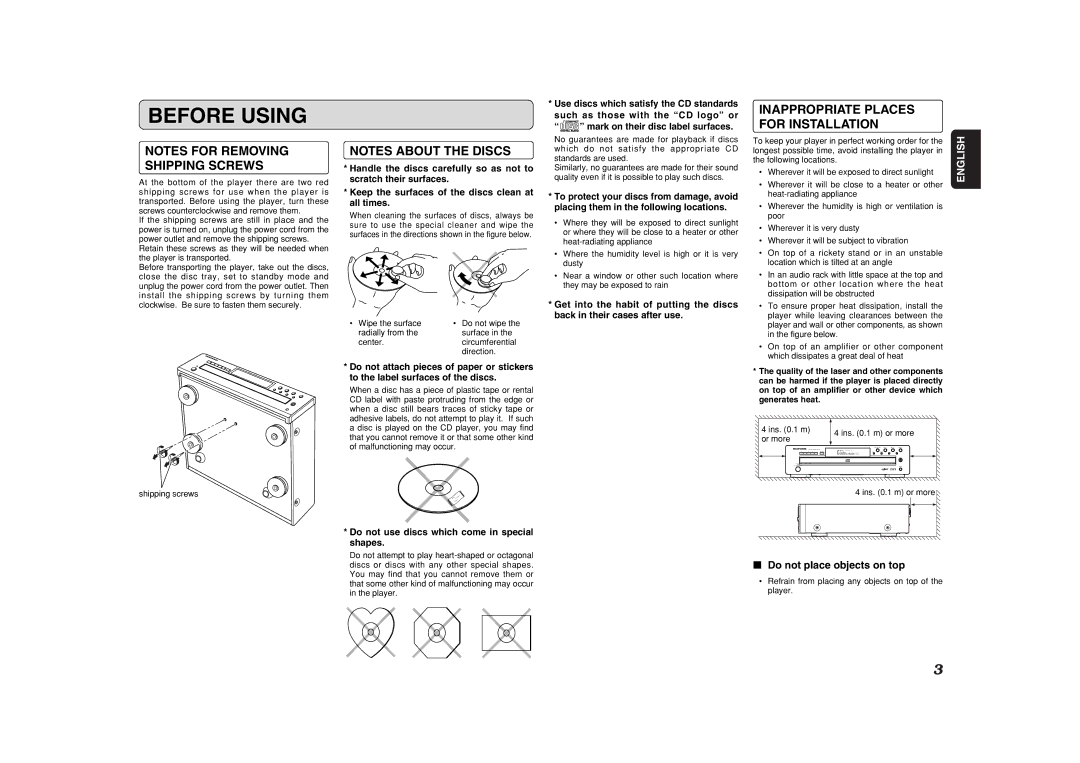 Marantz CC4001 manual Before Using, Inappropriate Places for Installation, Do not place objects on top 