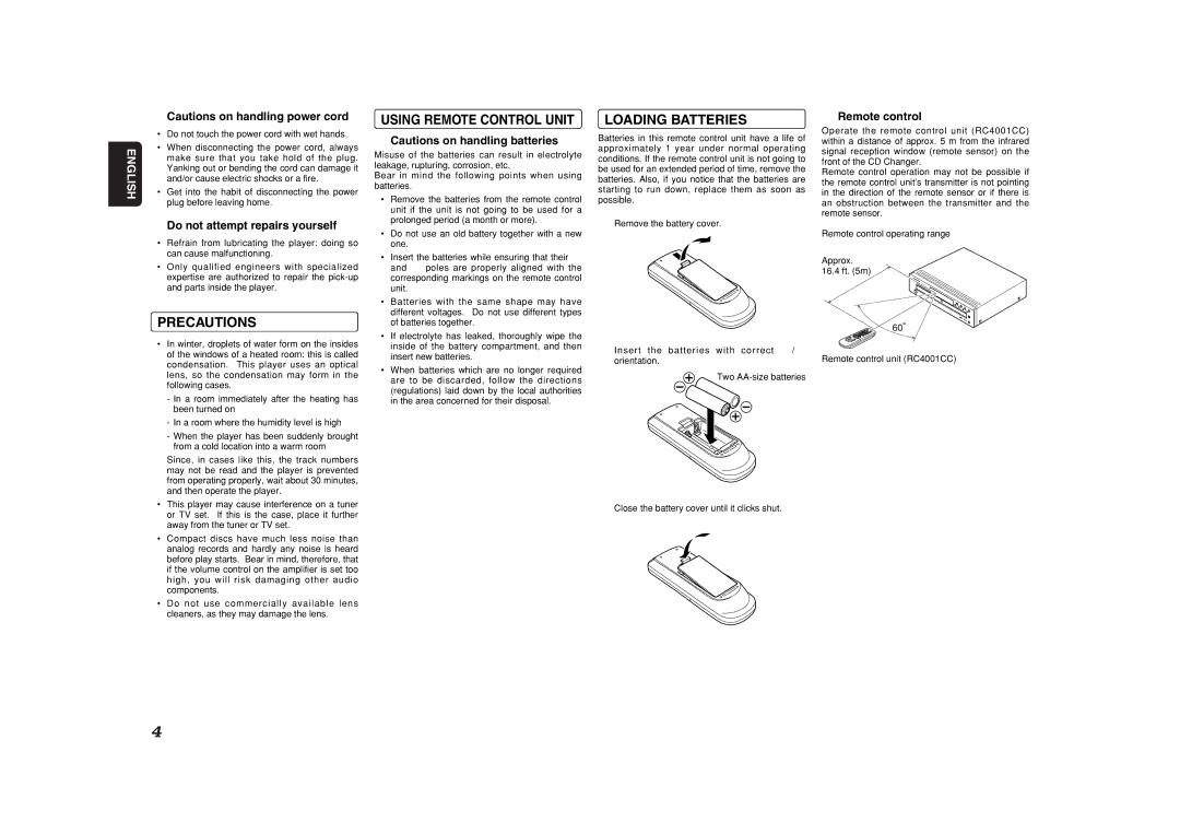 Marantz CC4001 Precautions, Loading Batteries, Using Remote Control Unit, Do not attempt repairs yourself, Remote control 