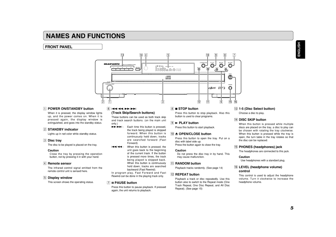 Marantz CC4001 manual Names and Functions, Front Panel 