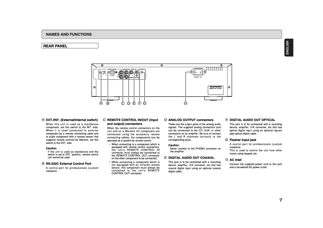 Marantz CC4001 manual Names And Functions Rear Panel, A B C D E F Gh, English 