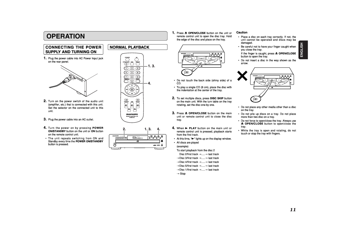 Marantz CC4001 manual Operation, Connecting The Power Supply And Turning On, Normal Playback, English 