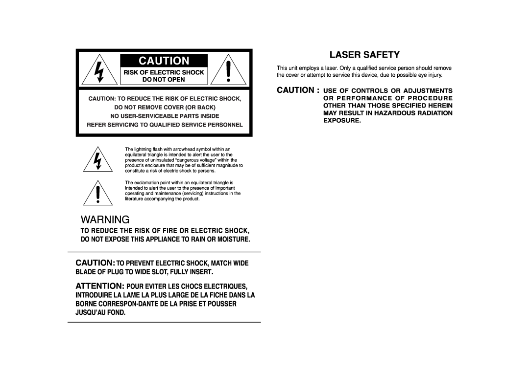 Marantz CC4001 manual Laser Safety, Risk Of Electric Shock Do Not Open 