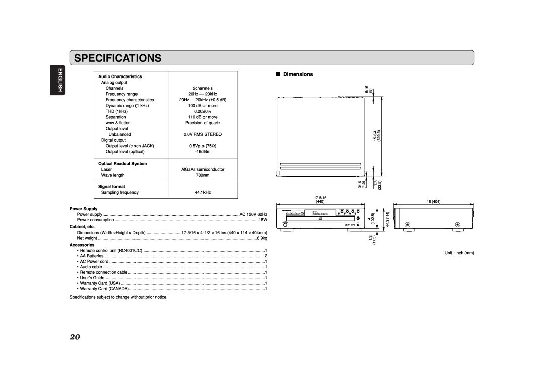 Marantz CC4001 manual Specifications, English, Audio Characteristics, Optical Readout System, Signal format, Power Supply 