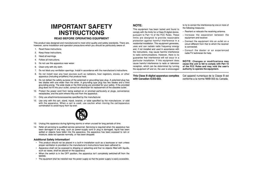 Marantz CC4001 manual Important Safety Instructions, Read Before Operating Equipment 