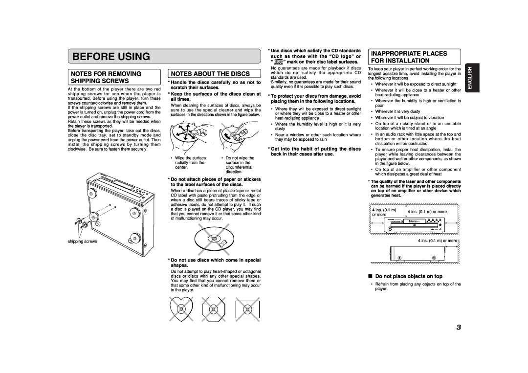 Marantz CC4001 manual Before Using, Notes For Removing Shipping Screws, Notes About The Discs, English 