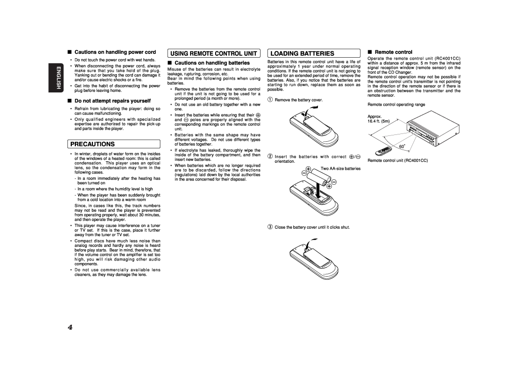Marantz CC4001 manual Precautions, Loading Batteries, Using Remote Control Unit, English 