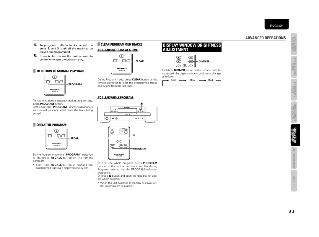 Marantz 541110307024M, CC4003 Display Window Brightness Adjustment, To Return to Normal Playback Clear Programmed Tracks 
