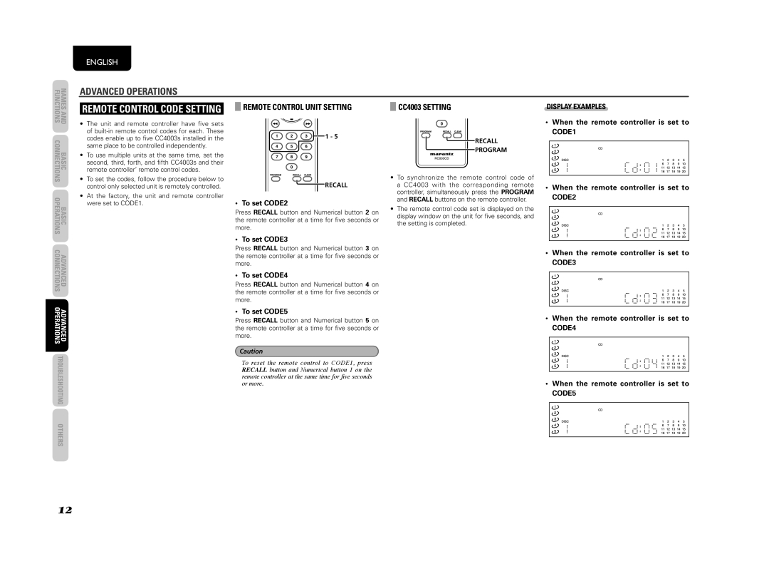 Marantz CC4003, 541110307024M manual Remote Control Code Setting, Remote Control Unit Setting 