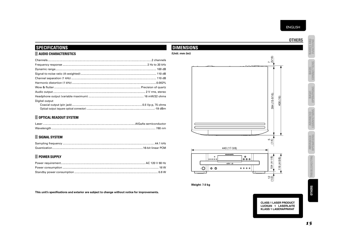 Marantz 541110307024M, CC4003 Specifications, Audio Characteristics, Optical Readout System, Signal System, Power Supply 