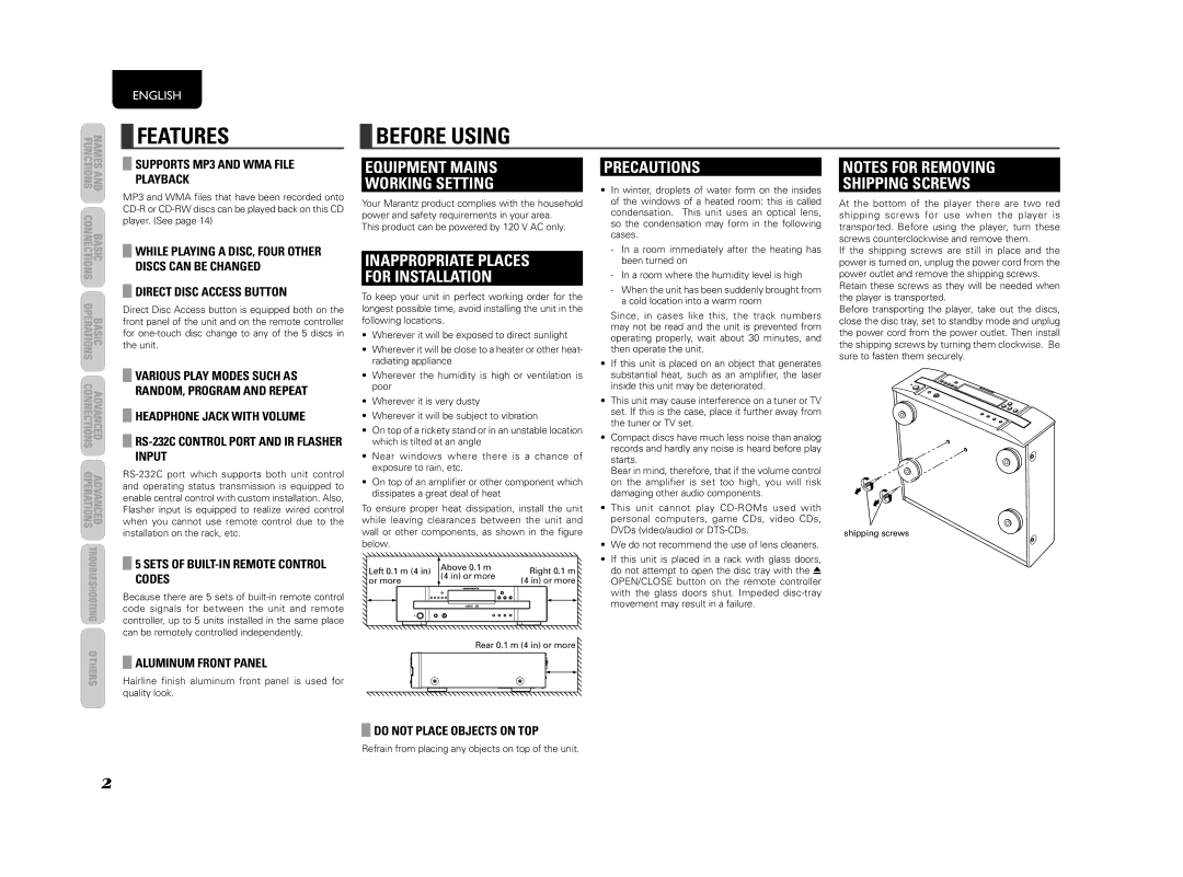 Marantz CC4003, 541110307024M manual Features, Before Using 