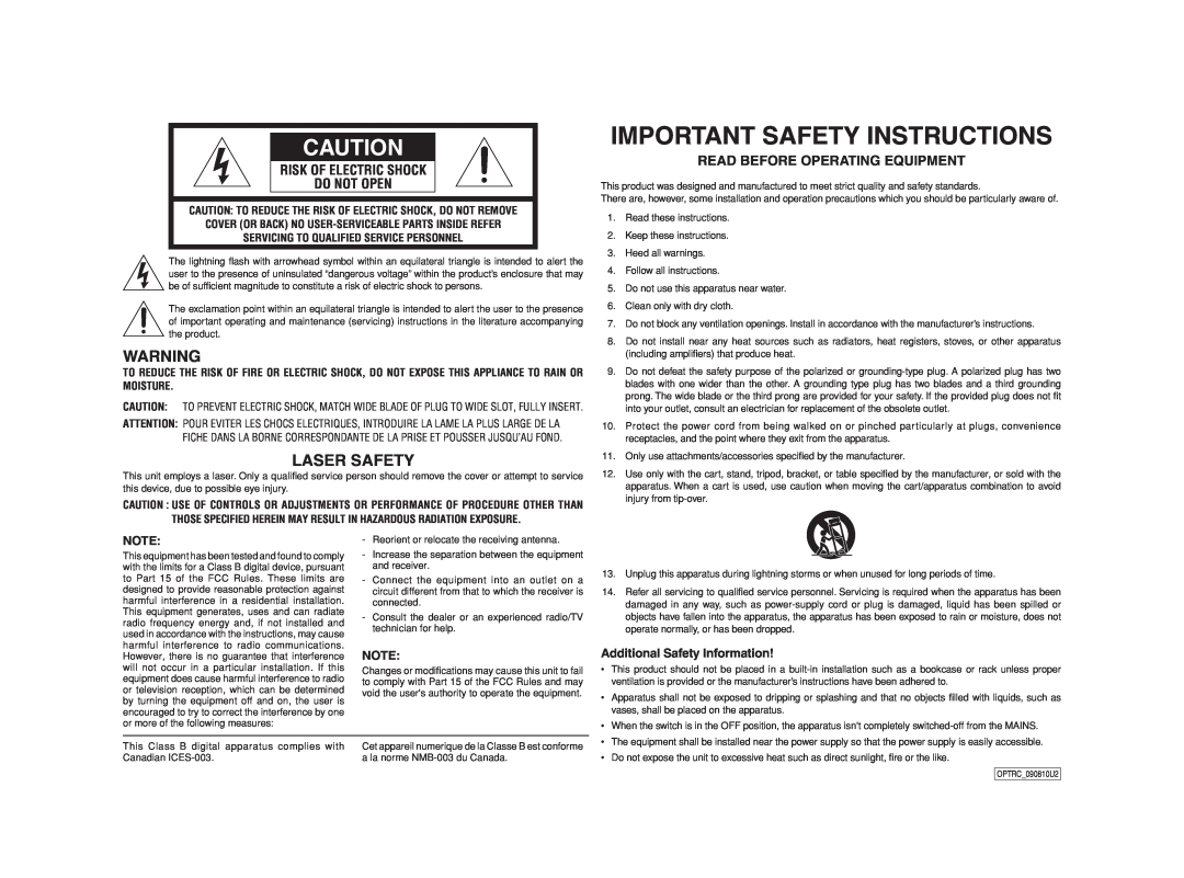 Marantz CC4003 Additional Safety Information, Important Safety Instructions, Laser Safety, Read Before Operating Equipment 