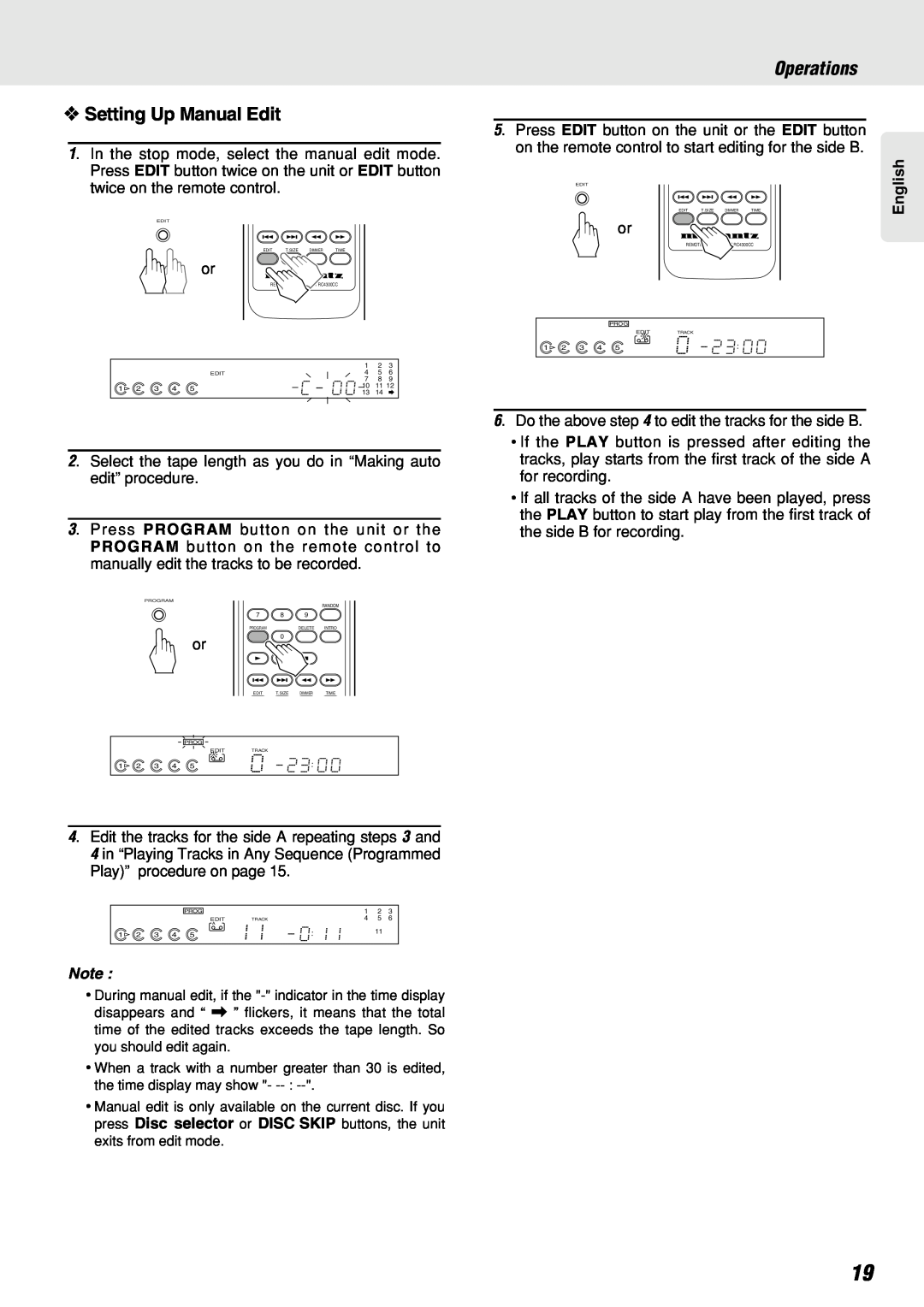 Marantz CC4300 manual Setting Up Manual Edit, Operations 