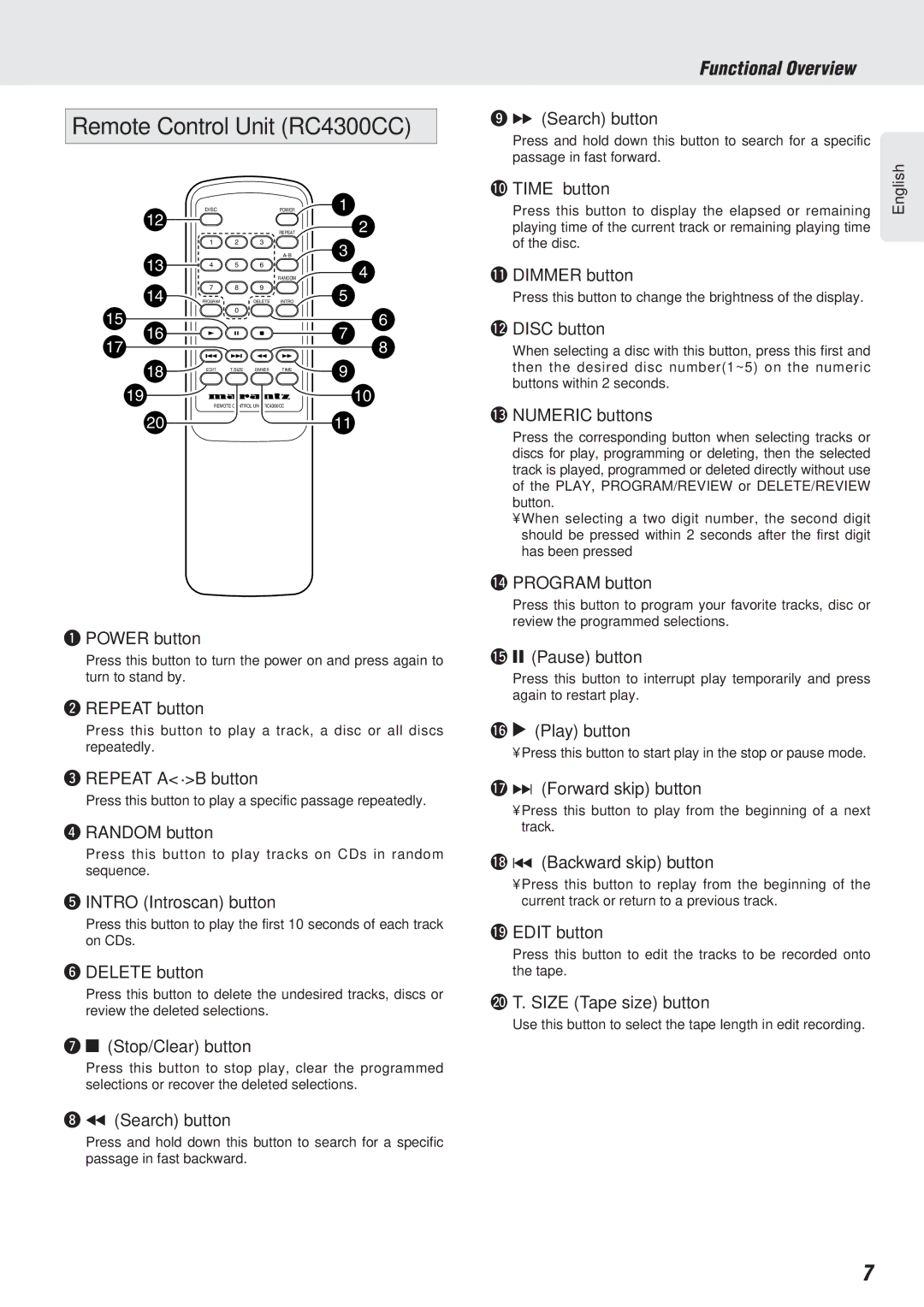 Marantz CC4300N manual Remote Control Unit RC4300CC 