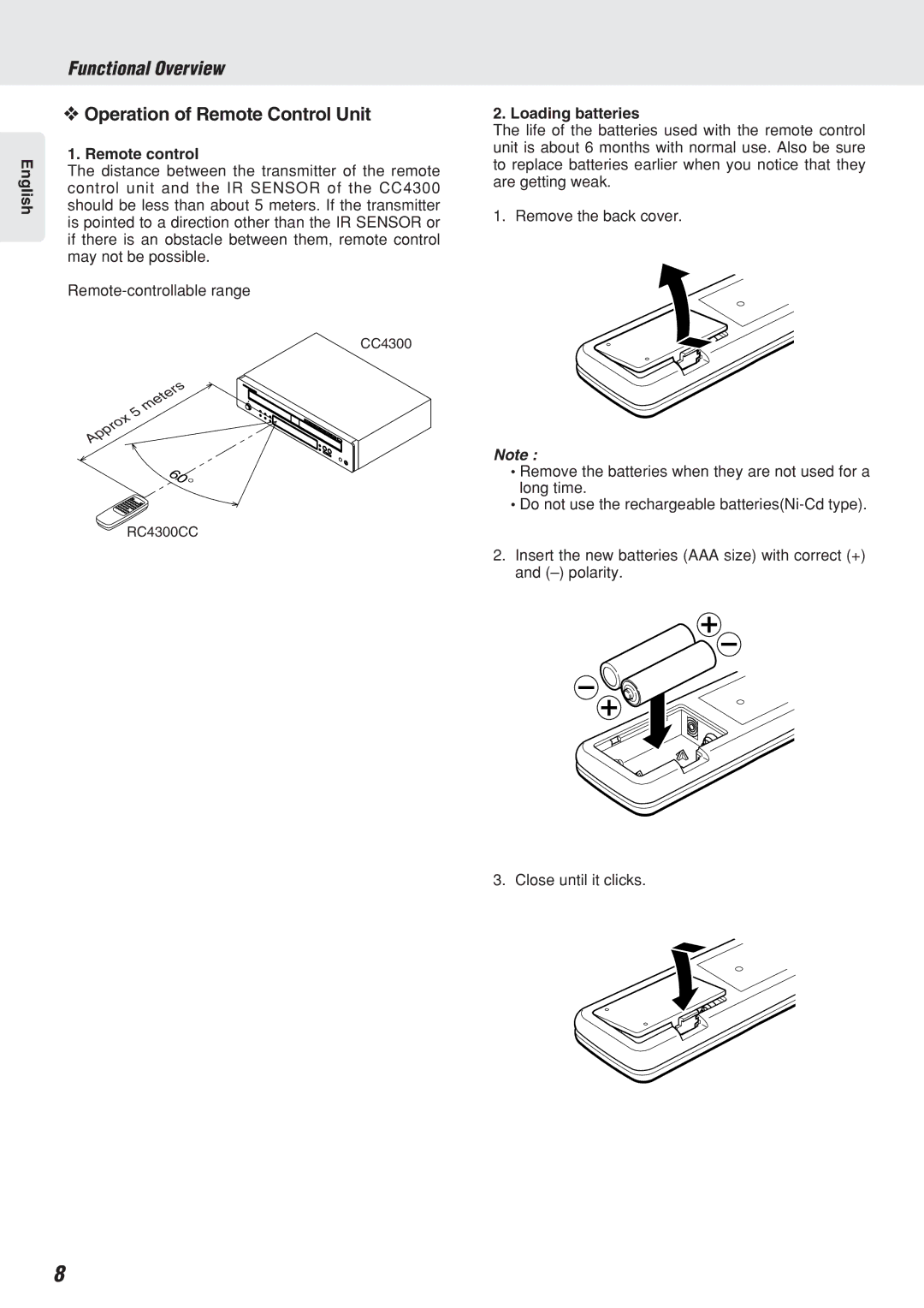 Marantz CC4300N manual Operation of Remote Control Unit, Remote control, Loading batteries 