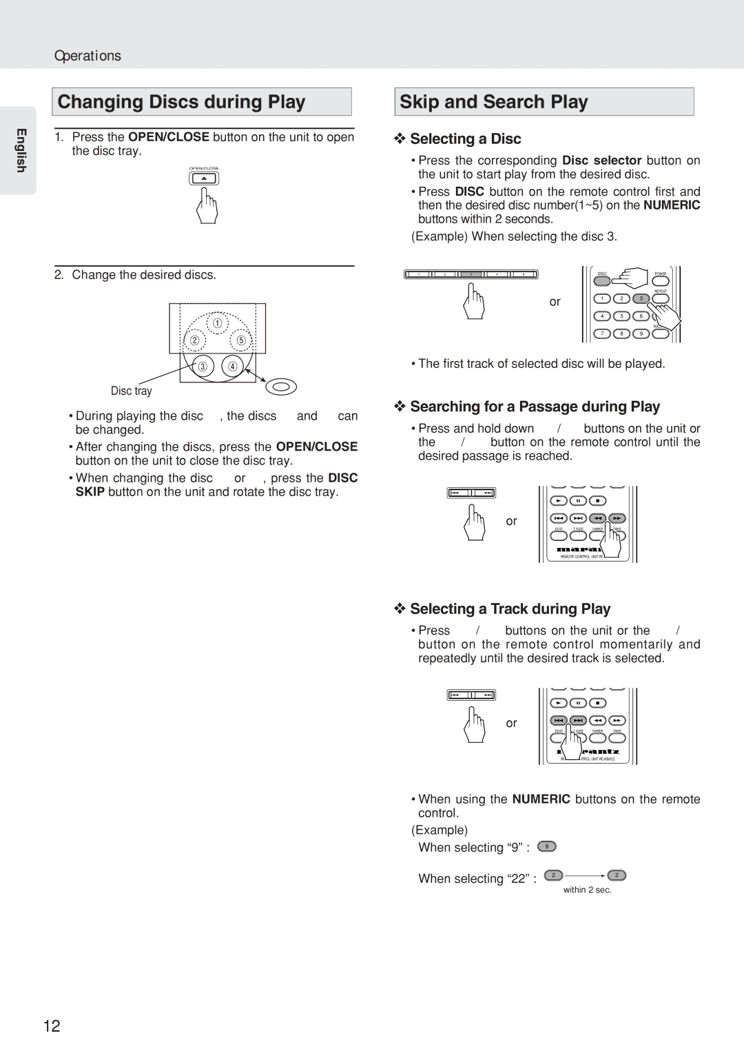 Marantz CC4300N Changing Discs during Play, Skip and Search Play, Selecting a Disc, Searching for a Passage during Play 