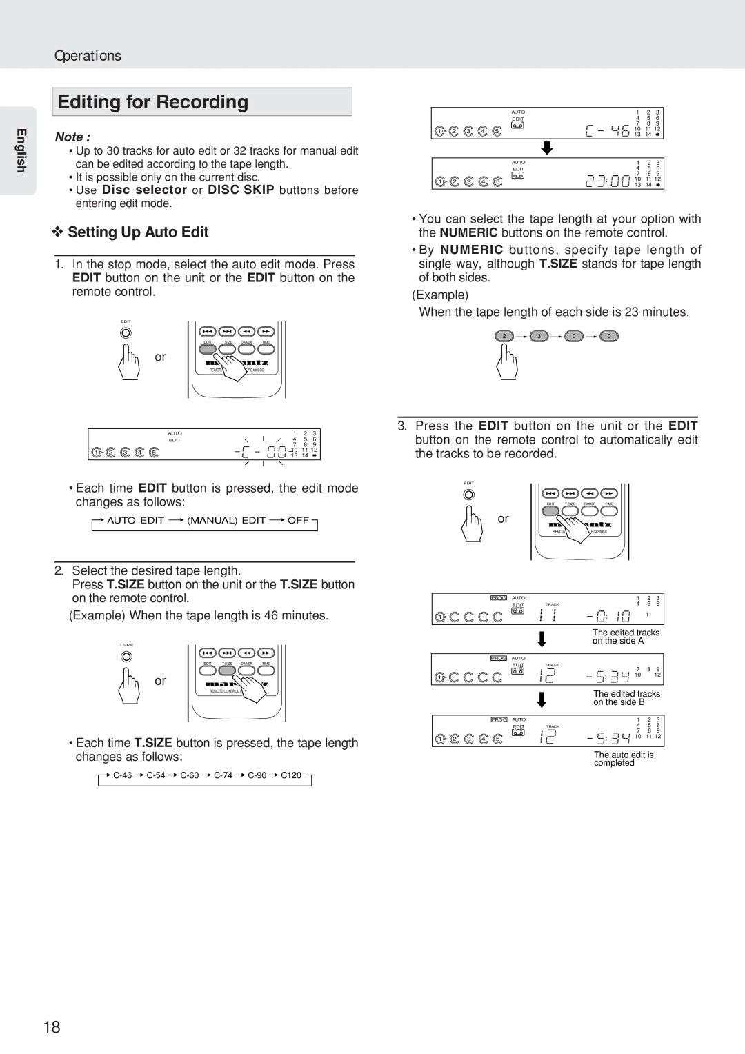 Marantz CC4300N manual Editing for Recording, Setting Up Auto Edit, Use Disc selector or Disc Skip buttons before 