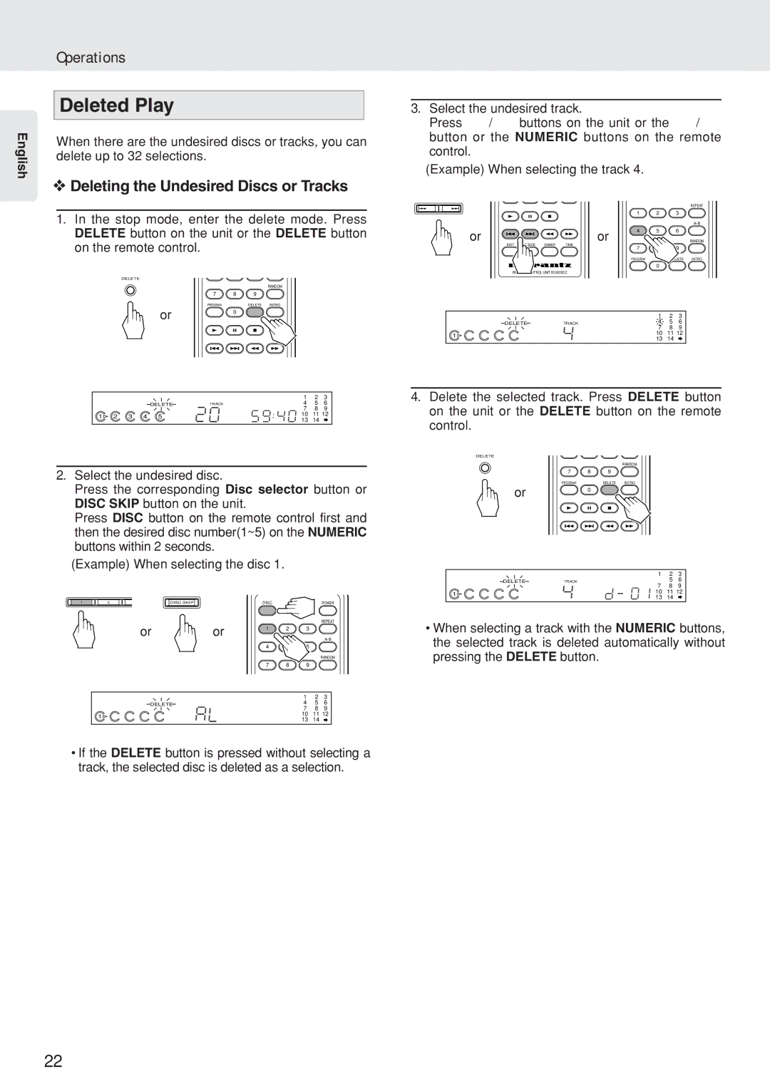 Marantz CC4300N manual Deleted Play, Deleting the Undesired Discs or Tracks 