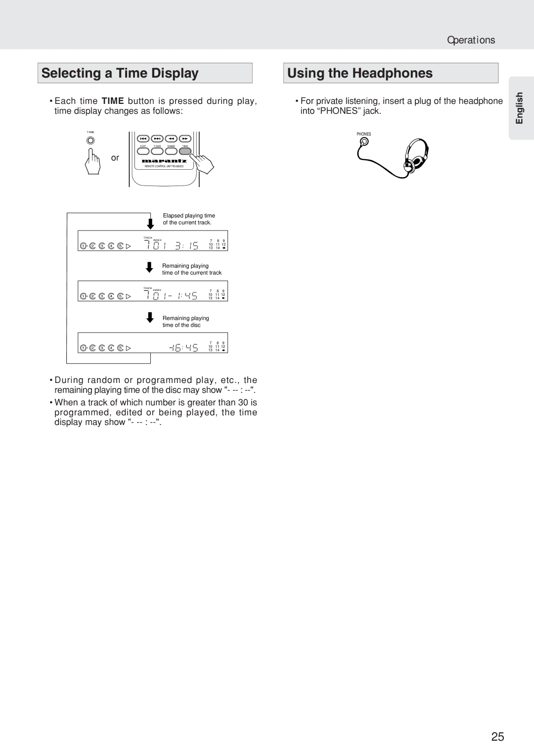 Marantz CC4300N manual Selecting a Time Display, Using the Headphones 