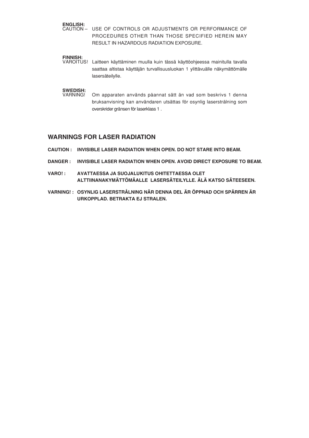 Marantz CC4300N manual Warnings For Laser Radiation 