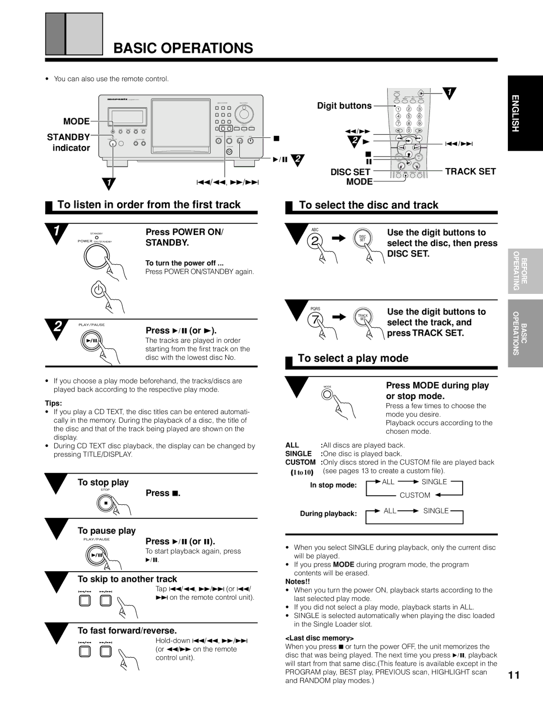 Marantz CC9100 manual Basic Operations, To listen in order from the first track, To select the disc and track 