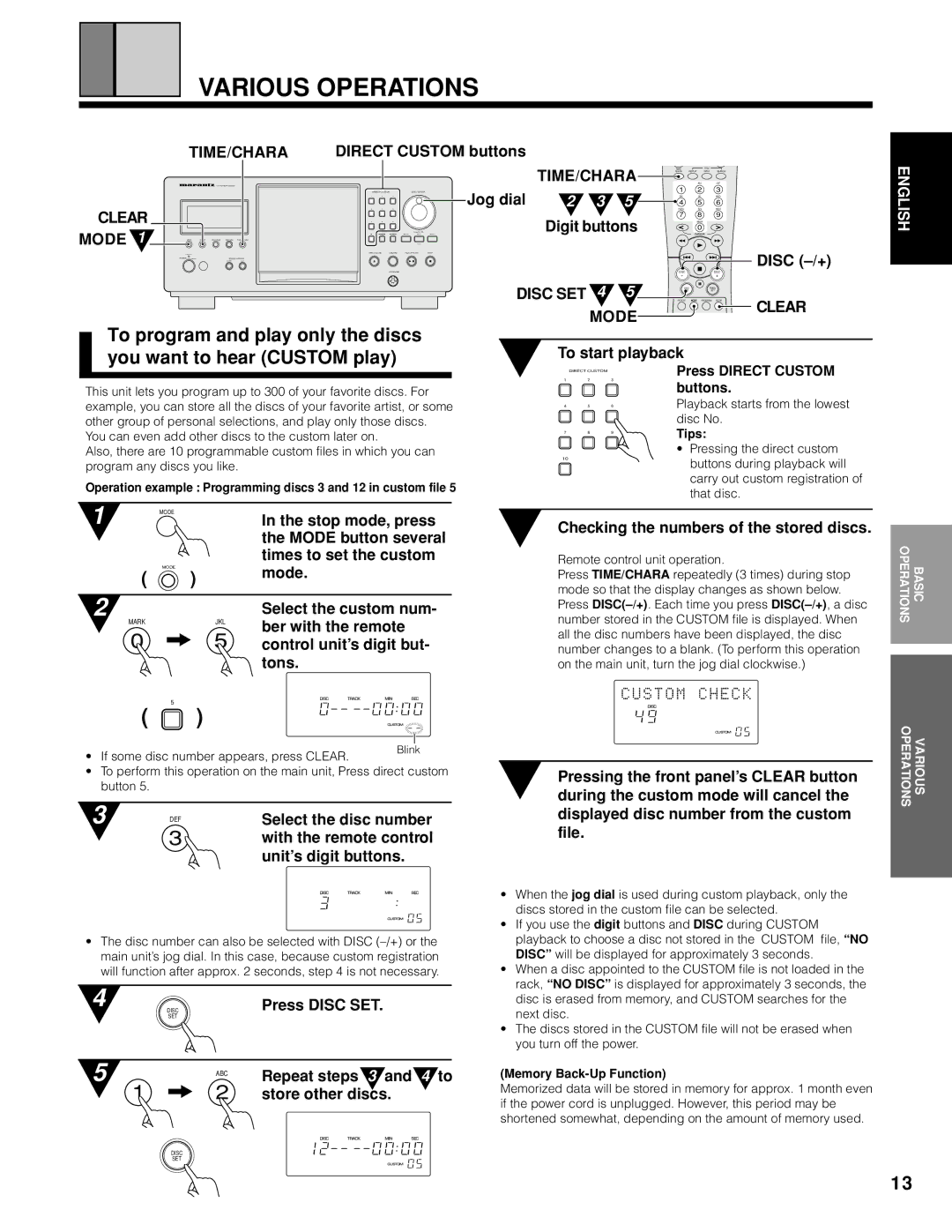 Marantz CC9100 manual Various Operations, Time/Chara, Clear Mode, Disc SET Mode 