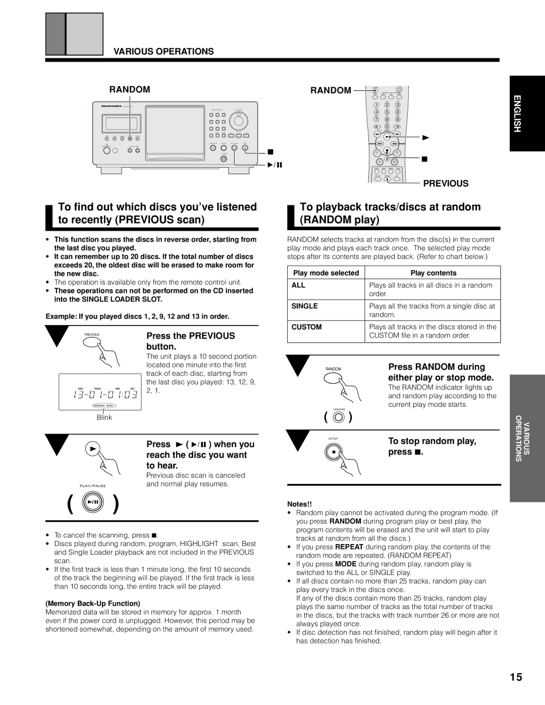 Marantz CC9100 manual To playback tracks/discs at random Random play, Various Operations Random, Previous 