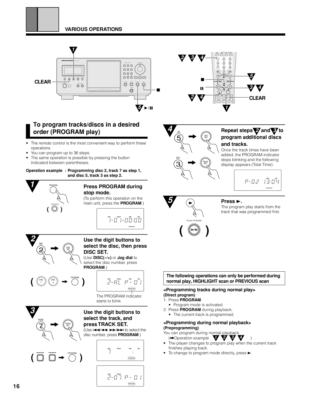 Marantz CC9100 manual To program tracks/discs in a desired, Order Program play, Various Operations Clear 