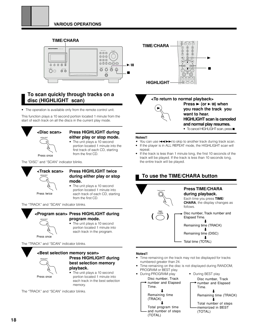 Marantz CC9100 To scan quickly through tracks on a disc Highlight scan, To use the TIME/CHARA button, TIME/CHARA Highlight 