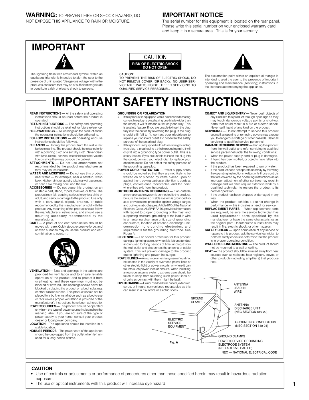 Marantz CC9100 manual Important Notice, Not Expose this Appliance to Rain or Moisture 