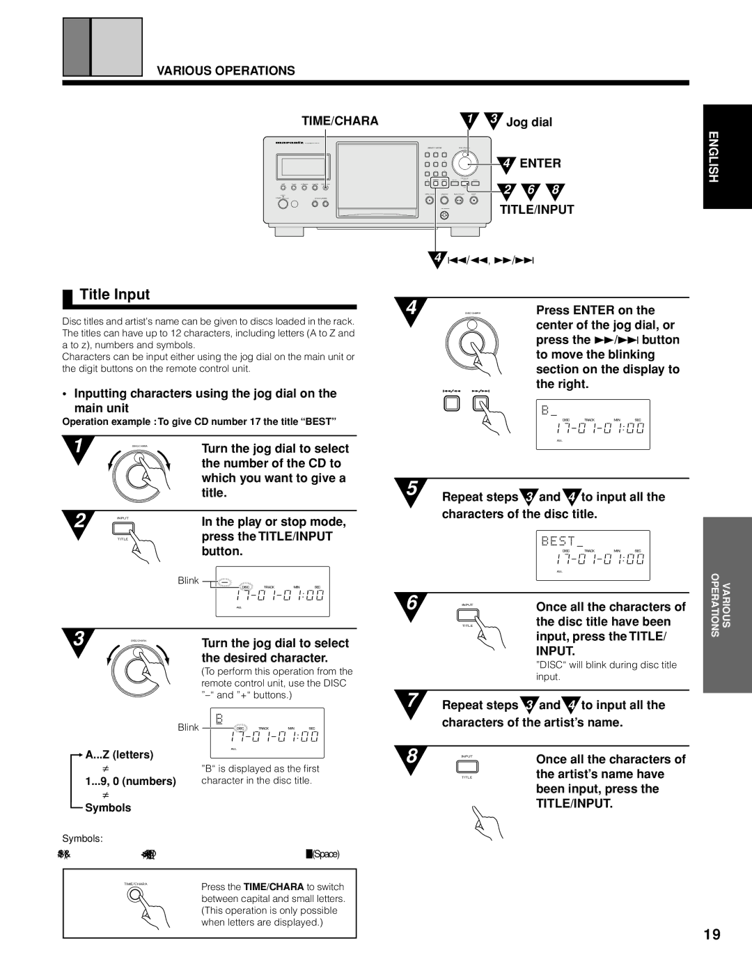 Marantz CC9100 manual Title Input, Title/Input 