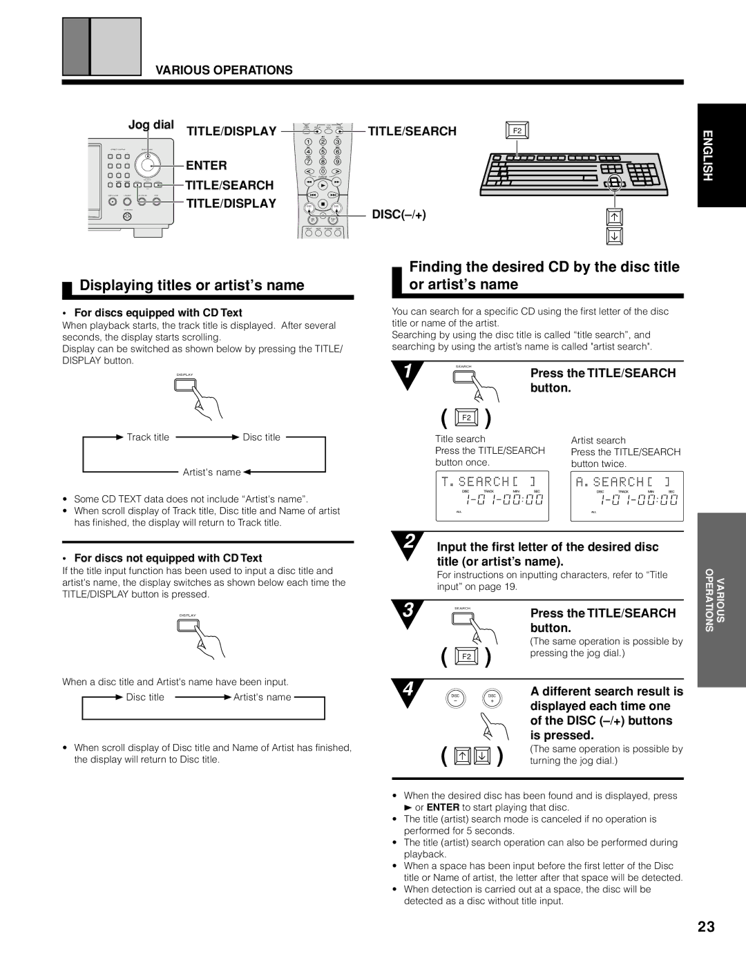 Marantz CC9100 Displaying titles or artist’s name, Finding the desired CD by the disc title or artist’s name, Title/Search 