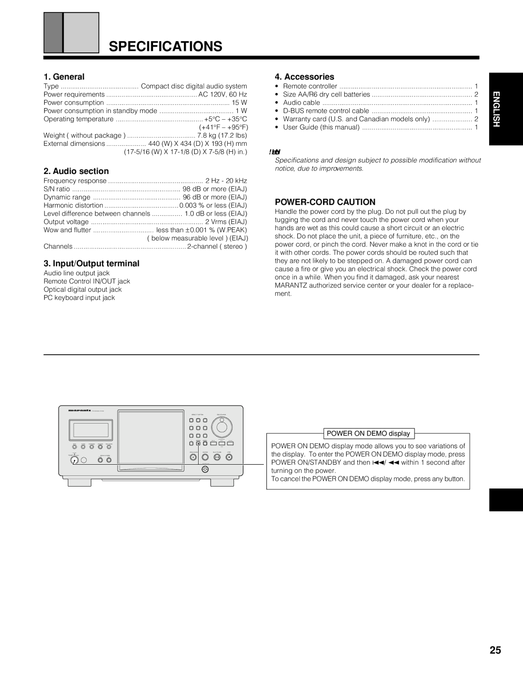 Marantz CC9100 manual Specifications, General, Audio section, Accessories, POWER-CORD Caution 