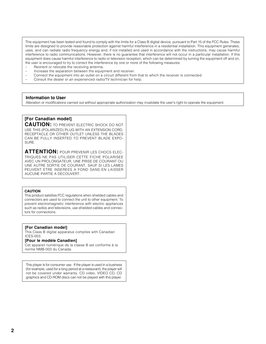 Marantz CC9100 manual Information to User, For Canadian model, Pour le modèle Canadien 