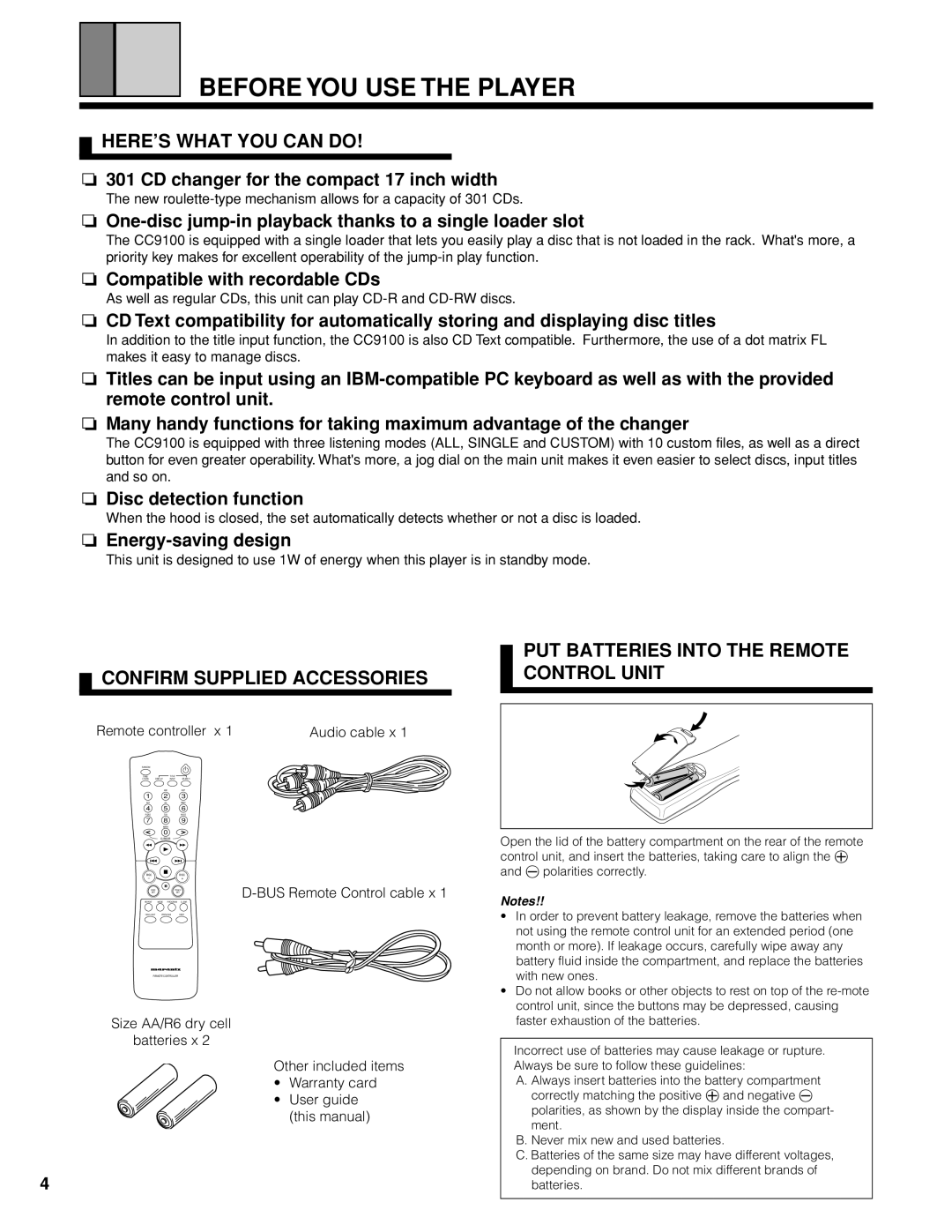 Marantz CC9100 manual Before YOU USE the Player, HERE’S What YOU can do, Confirm Supplied Accessories 