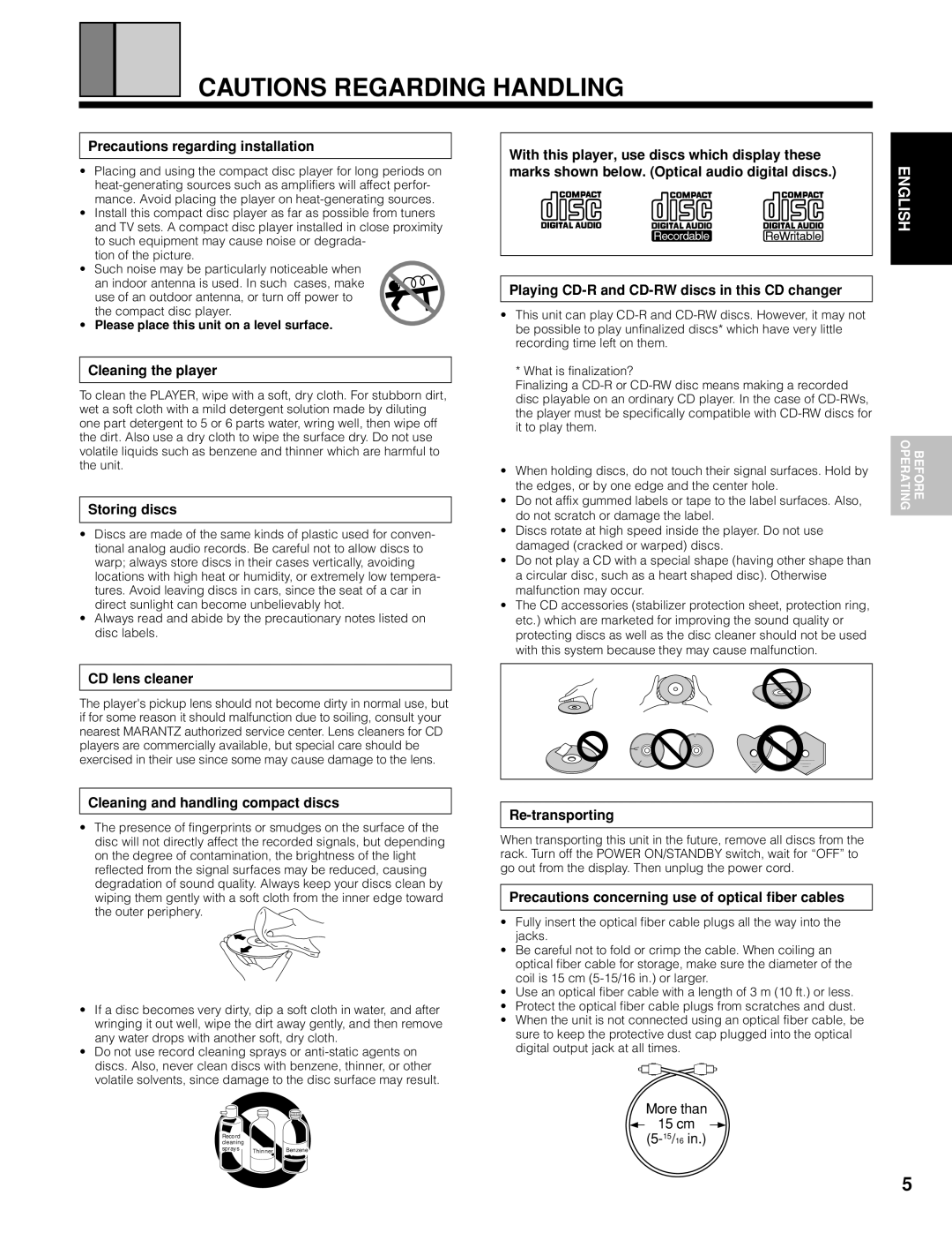 Marantz CC9100 Precautions regarding installation, Cleaning the player, Storing discs, CD lens cleaner, Re-transporting 