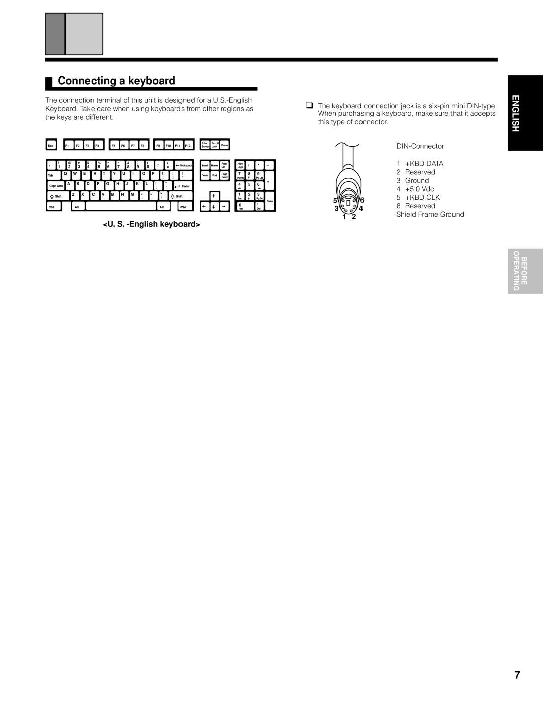 Marantz CC9100 manual Connecting a keyboard, English keyboard, Reserved, Shield Frame Ground 