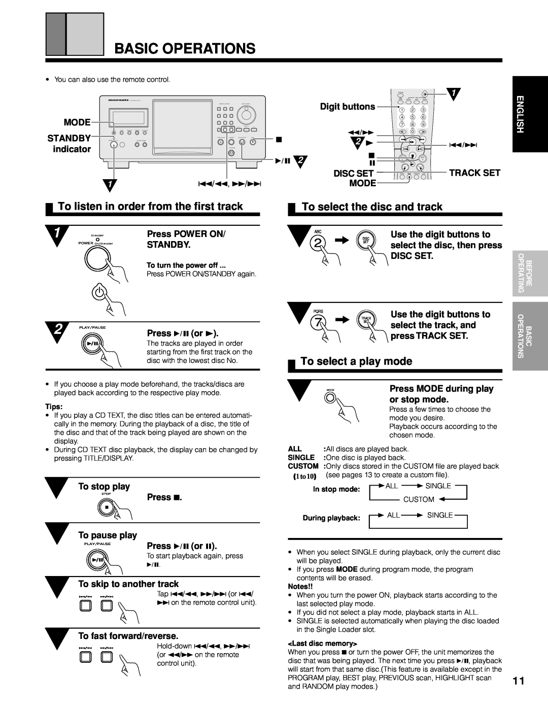 Marantz CC9100 manual Basic Operations, To listen in order from the first track, To select the disc and track, English 