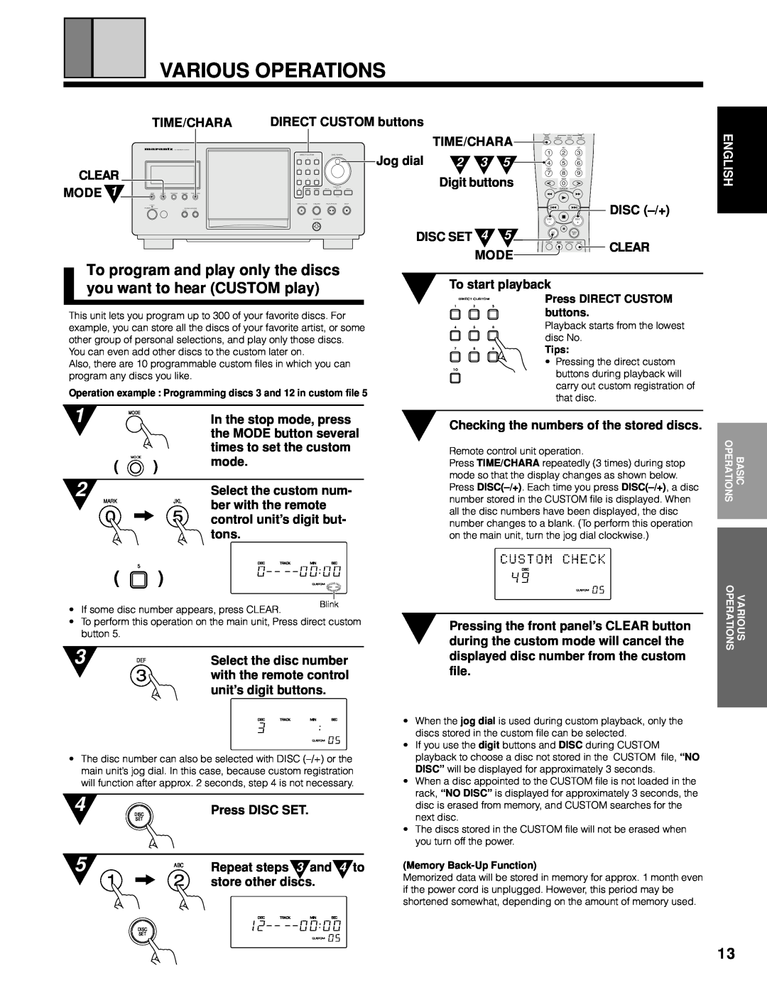 Marantz CC9100 manual Various Operations, English 