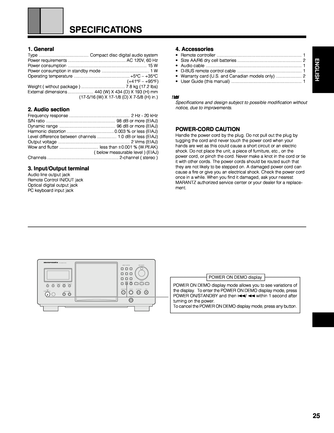 Marantz CC9100 manual Specifications, General, Audio section, Accessories, Power-Cordcaution, English, etNo 