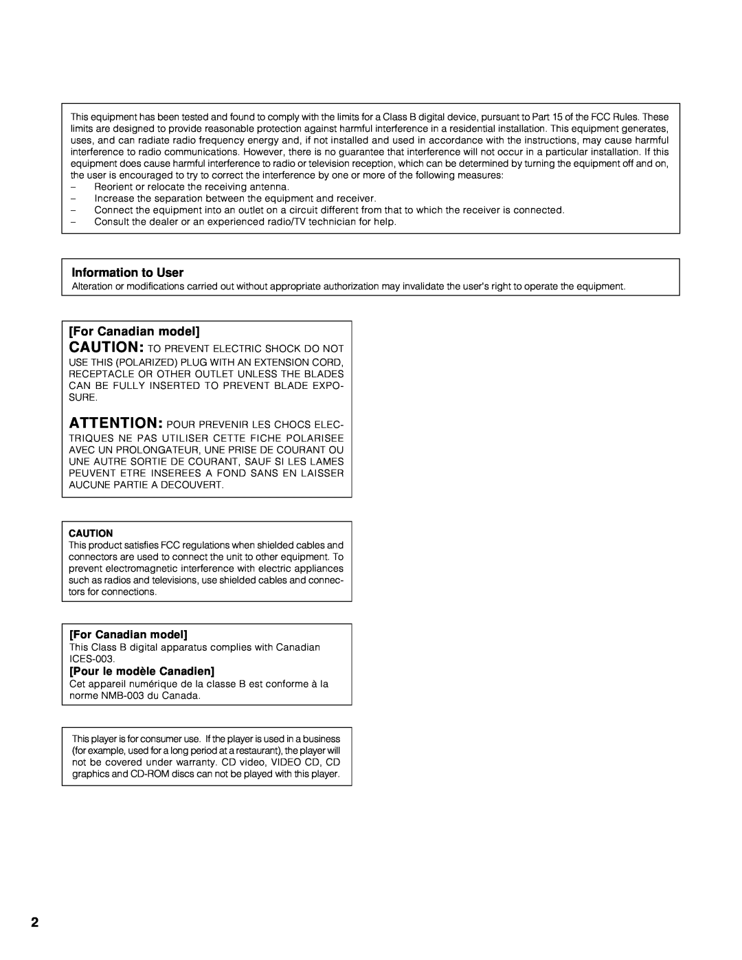 Marantz CC9100 manual Information to User, For Canadian model, Pour le modèle Canadien 
