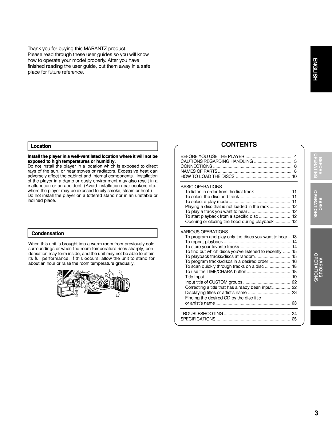 Marantz CC9100 manual Contents, English, Location, Condensation 