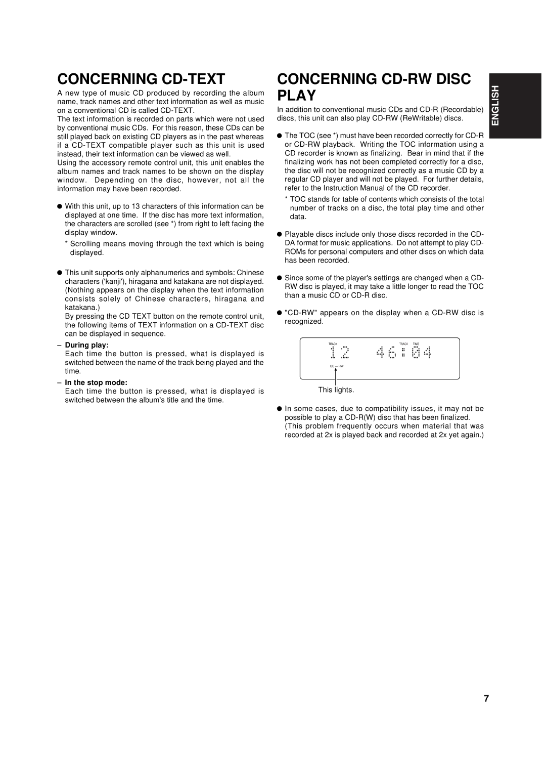 Marantz CD110 manual Concerning CD-TEXT Concerning CD-RW Disc, Play, During play, Stop mode 