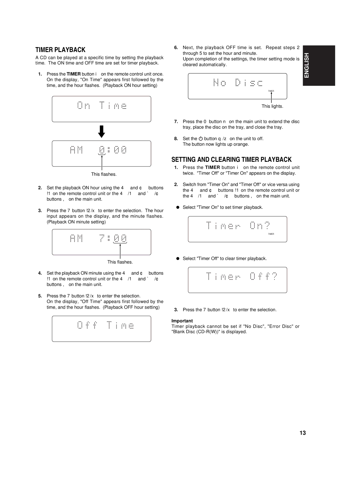 Marantz CD110 manual Setting and Clearing Timer Playback 