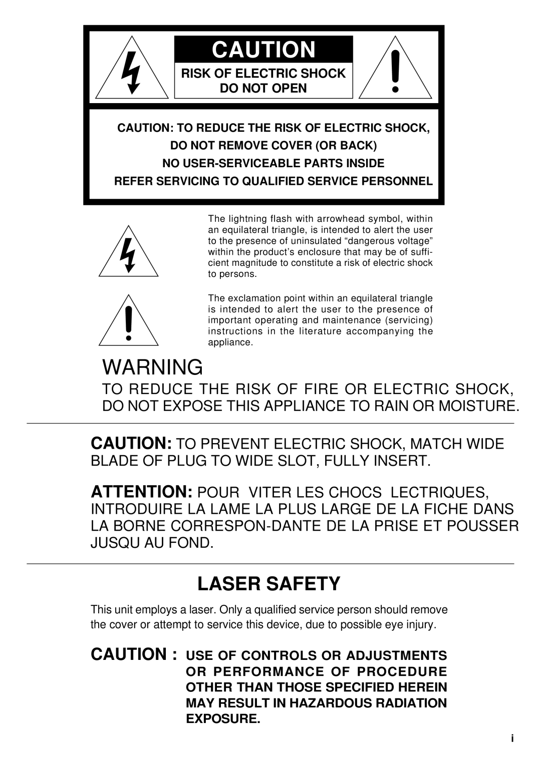 Marantz CD110 manual Laser Safety, Risk of Electric Shock Do not Open 