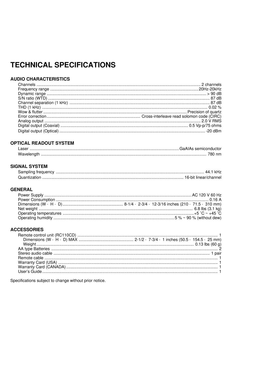 Marantz CD110 manual Technical Specifications, Audio Characteristics 