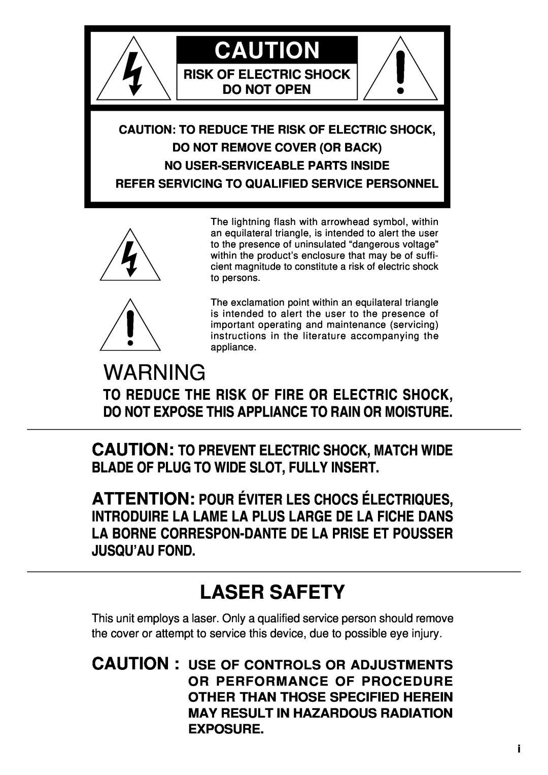 Marantz CD110 manual Laser Safety, Risk Of Electric Shock Do Not Open 