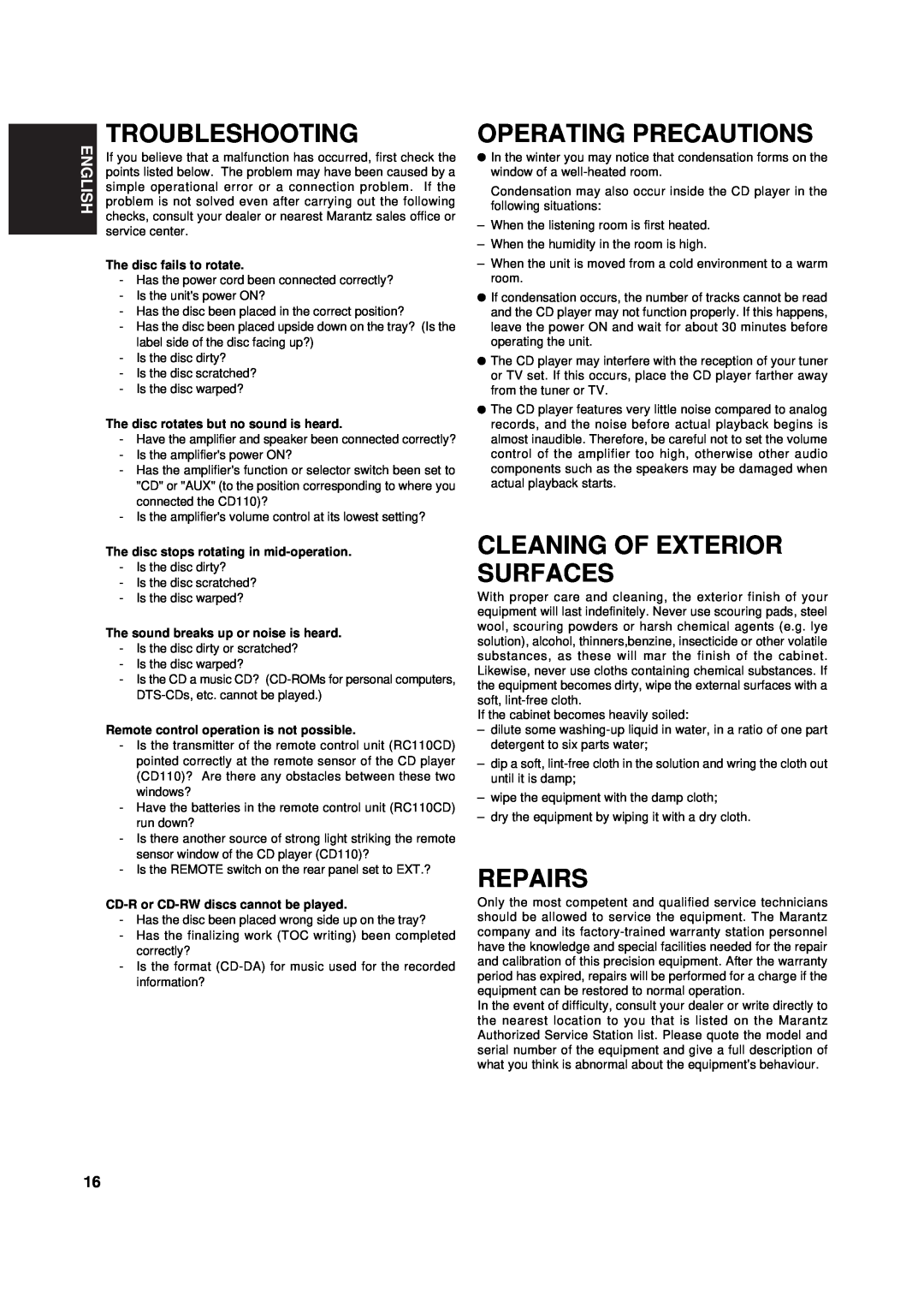 Marantz CD110 manual Troubleshooting, Operating Precautions, Cleaning Of Exterior Surfaces, Repairs, English 
