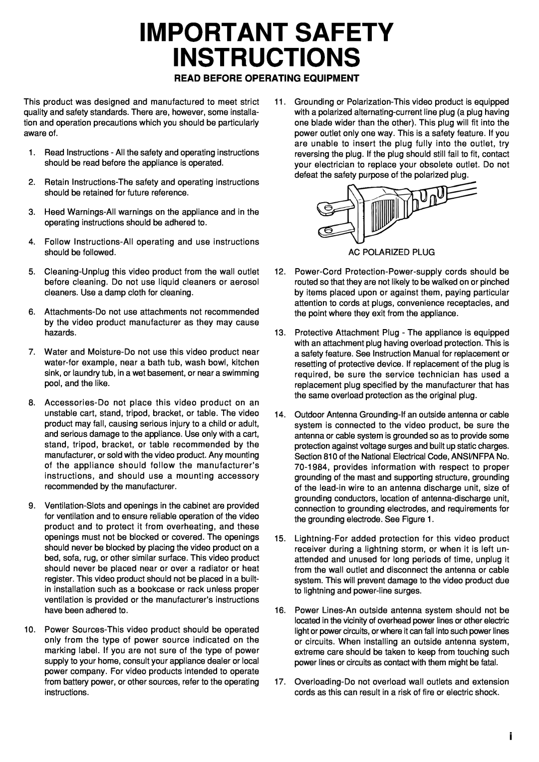 Marantz CD110 manual Important Safety Instructions, Read Before Operating Equipment 