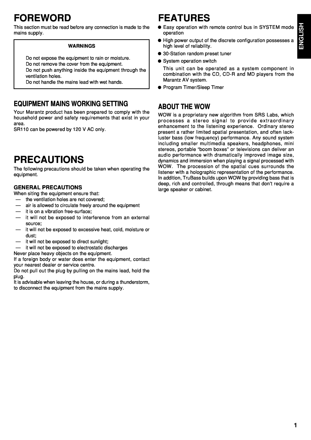 Marantz CD110 manual Foreword, Features, English, General Precautions, Warnings 